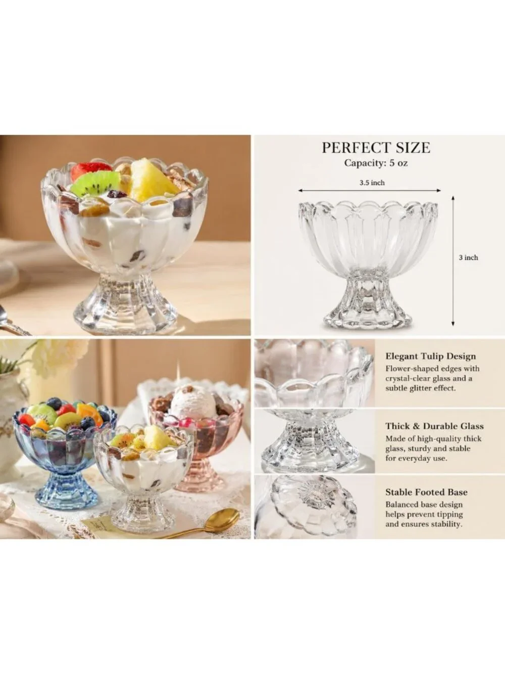 Set of 6 Vintage Glass Dessert Bowls - Footed Tulip Ice Cream Cups for Sundaes